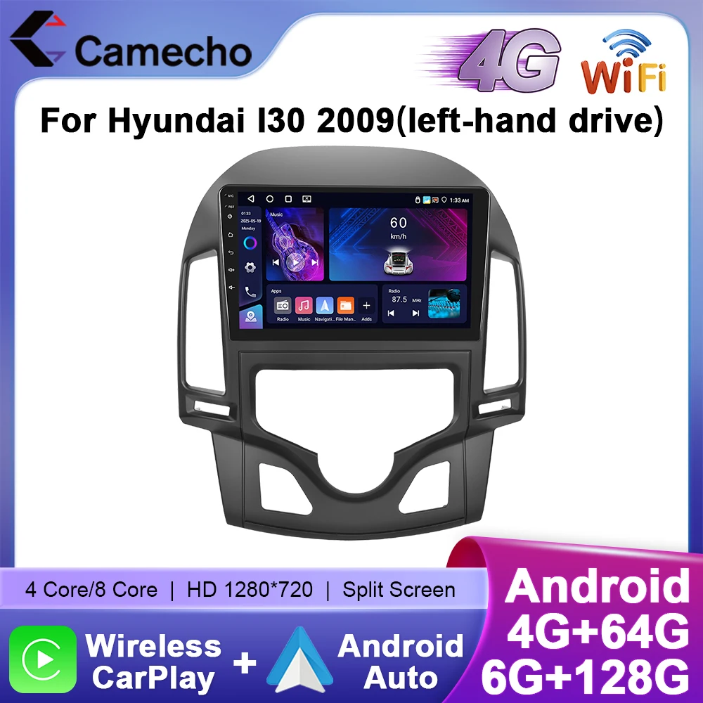 Camecho 6 + 128G Android Auto Radio 2Din Autoradio Für Hyundai I30 2009 Auto Intelligente Systeme Drahtlose Carplay 4G Wifi GPS Stereo