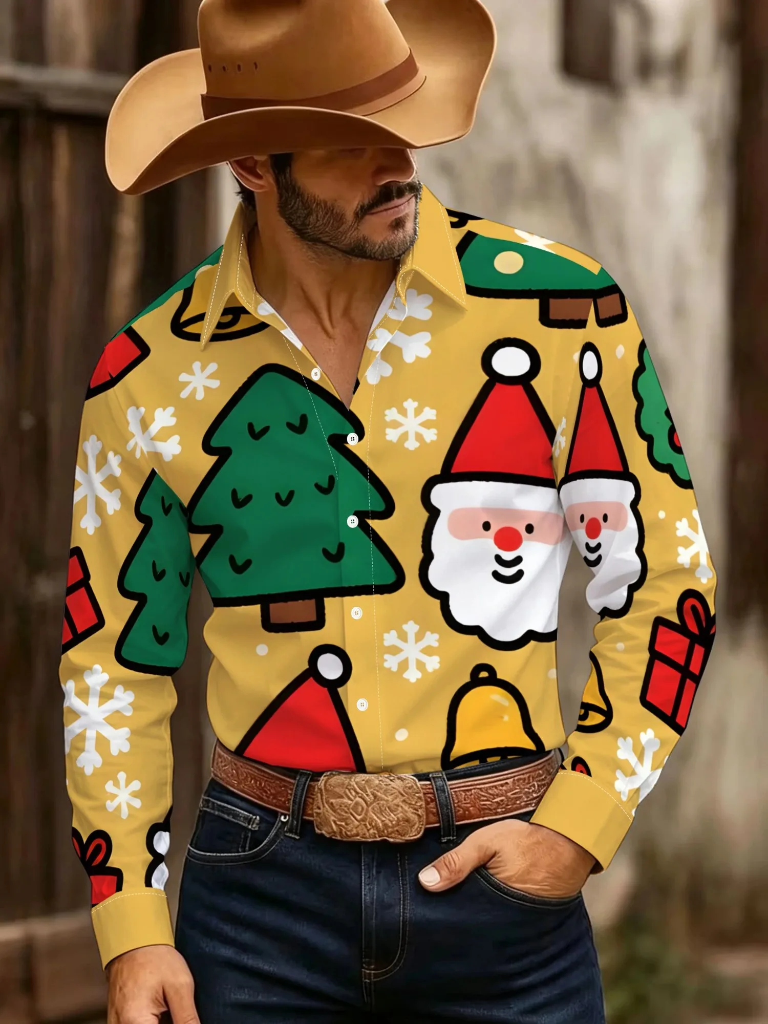 Men Long Sleeve Shirt Yellow Cartoon Santa Claus Tree Bell Gift Print Casual Button Down