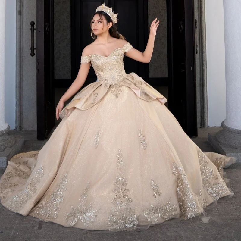 

Blue Quinceanera Dresses Off the Shoulder Decal Lace layering Long tail Bow Vestidoe 15 Quinceanera Customize