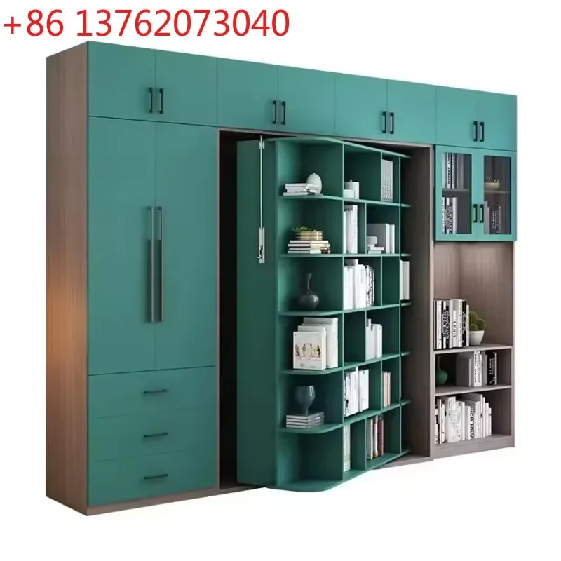 Custom Wooden Rotating Invisible Folding Bed Combination Multi Functional Wardrobe Cabinets Desk Bookcase Murphy Bed