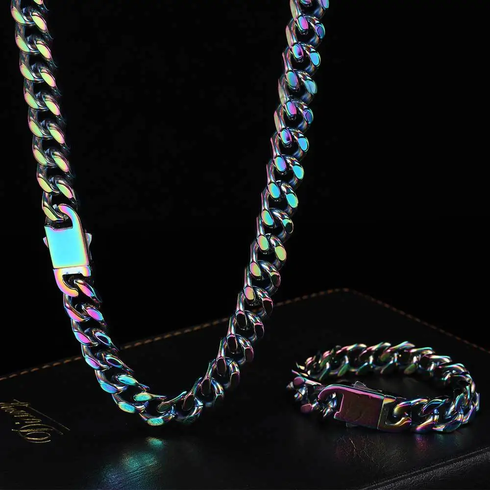Qiaonitu 8mm-16mm Punk Regenbogen Curb Cuban Link Kette Halskette Für Männer Frauen HipHop Gold Farbe Edelstahl vier-seitige Schleifen Schmuck