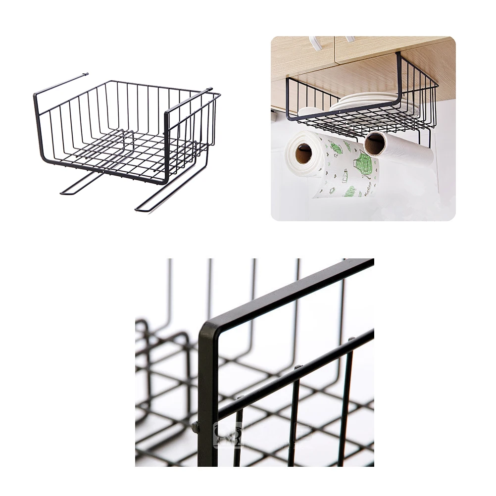 

Steel Wire Under Cabinet Shelf Black Flat U-Shaped Hook Kitchen Wardrobe Storage Rack Cabinet Hanging Organizer