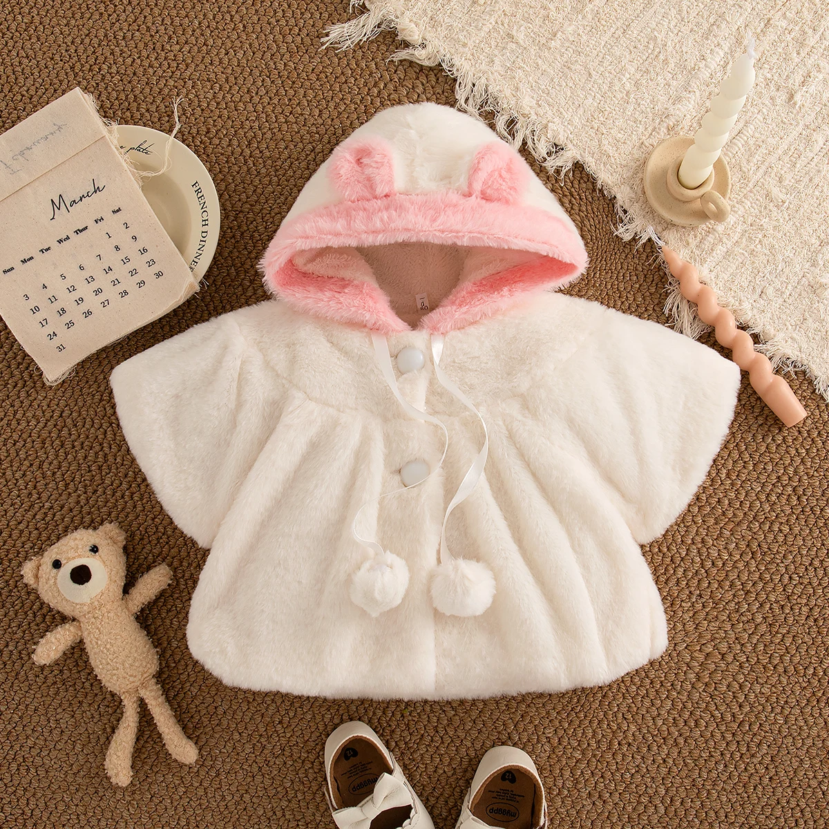 Baby Girl Coat Winter Solid Color Cartoon Ears Girl Shawl Cartoon Warm Fluffy Baby Girl Top Baby Clothing