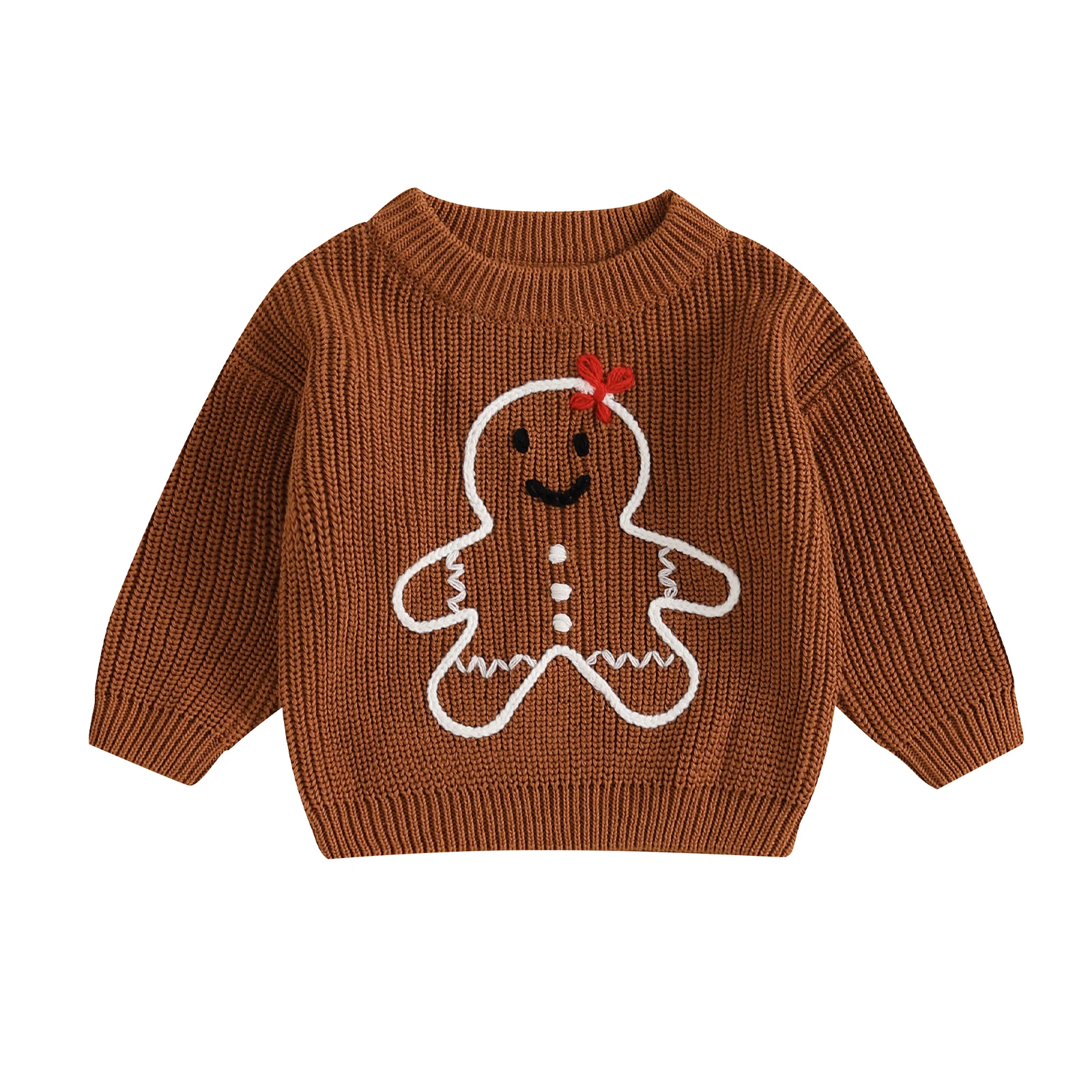 

Toddler Girls Boys Sweater Christmas Clothes Gingerbread Man Embroidery Crew Neck Long Sleeve Kids Pullovers Fall Tops 0-3 Years