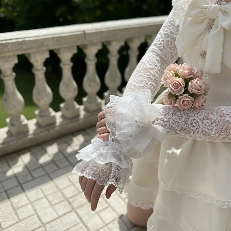 Women Premium Lace Lolita JK Fingerless Gloves Elastic Fake Long Arm Sleeves Durable for Long Time Wear