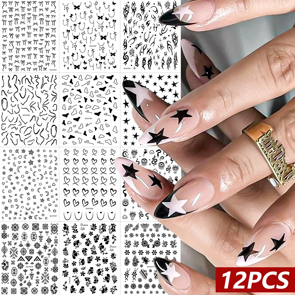 12 pezzi di motivi geometrici 3D adesivi per unghie freddi neri cursori autoadesivi per forniture per unghie acriliche decorazioni per unghie fai da te in stile Y2K *