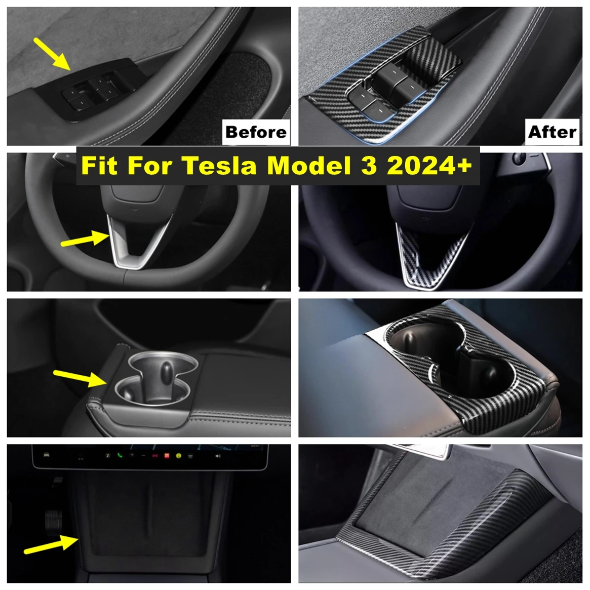 

Car Window Glass Lift / Steering Wheel Bottom / Water Cup Holder Cover Trim Kit Fit For Tesla Model 3 2024 Interior Accessories