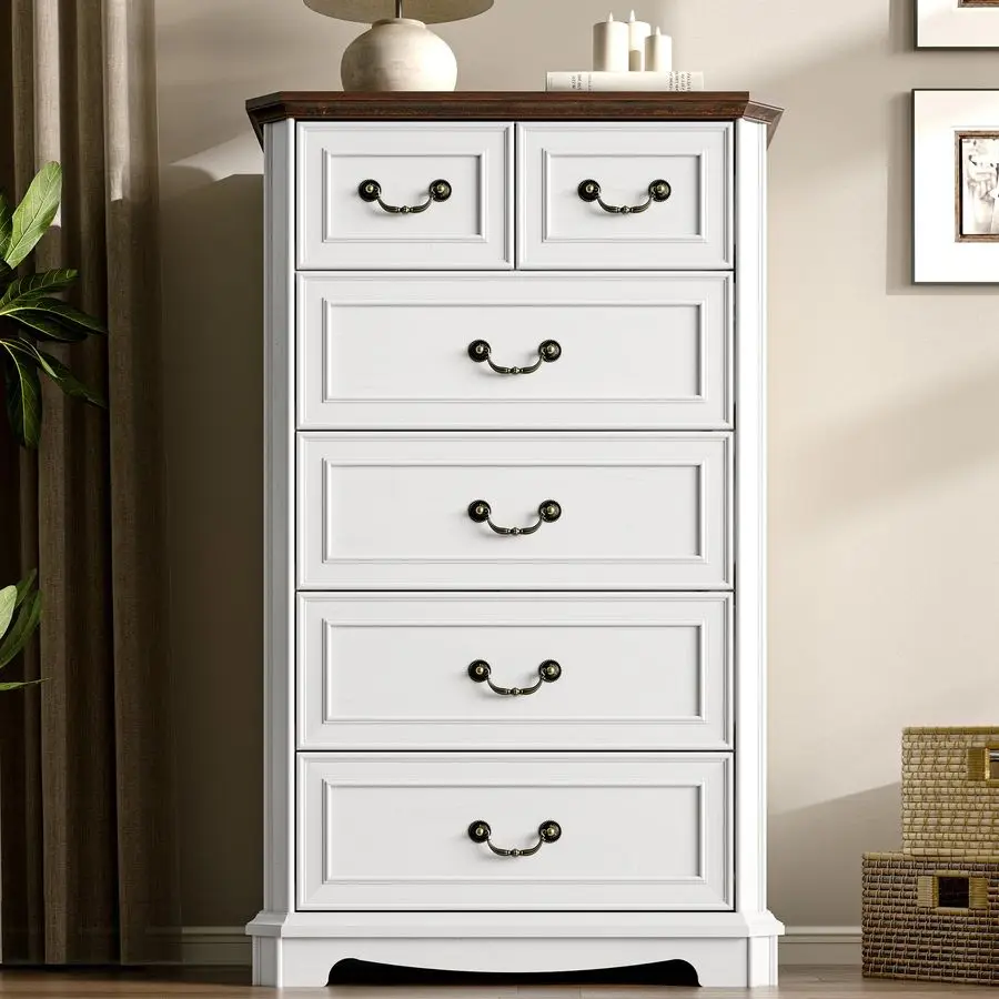 Commode à 6 tiroirs pour chambre à coucher, grande commode rustique avec poignée en métal, armoire tour de rangement vintage en bois, placard en bois