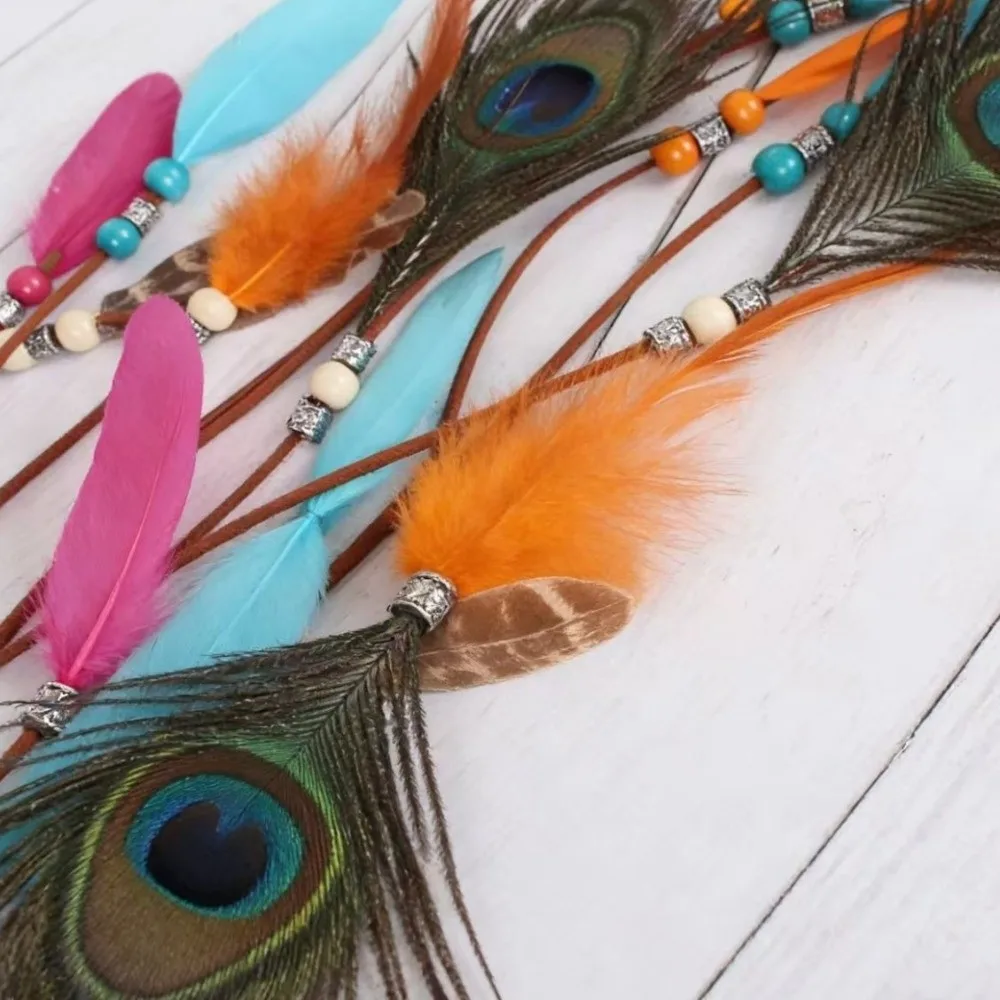 Cascading Tassels Long Feather Headpiece Braided Cord Hand-tied Plumage Bohemian Tassel Headband Natural Earthy Tones