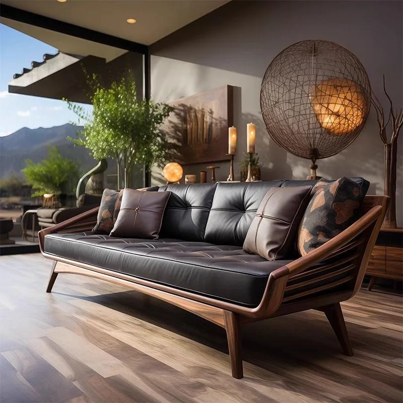 Sofa feeling small apartment living room, high-end walnut three people four people