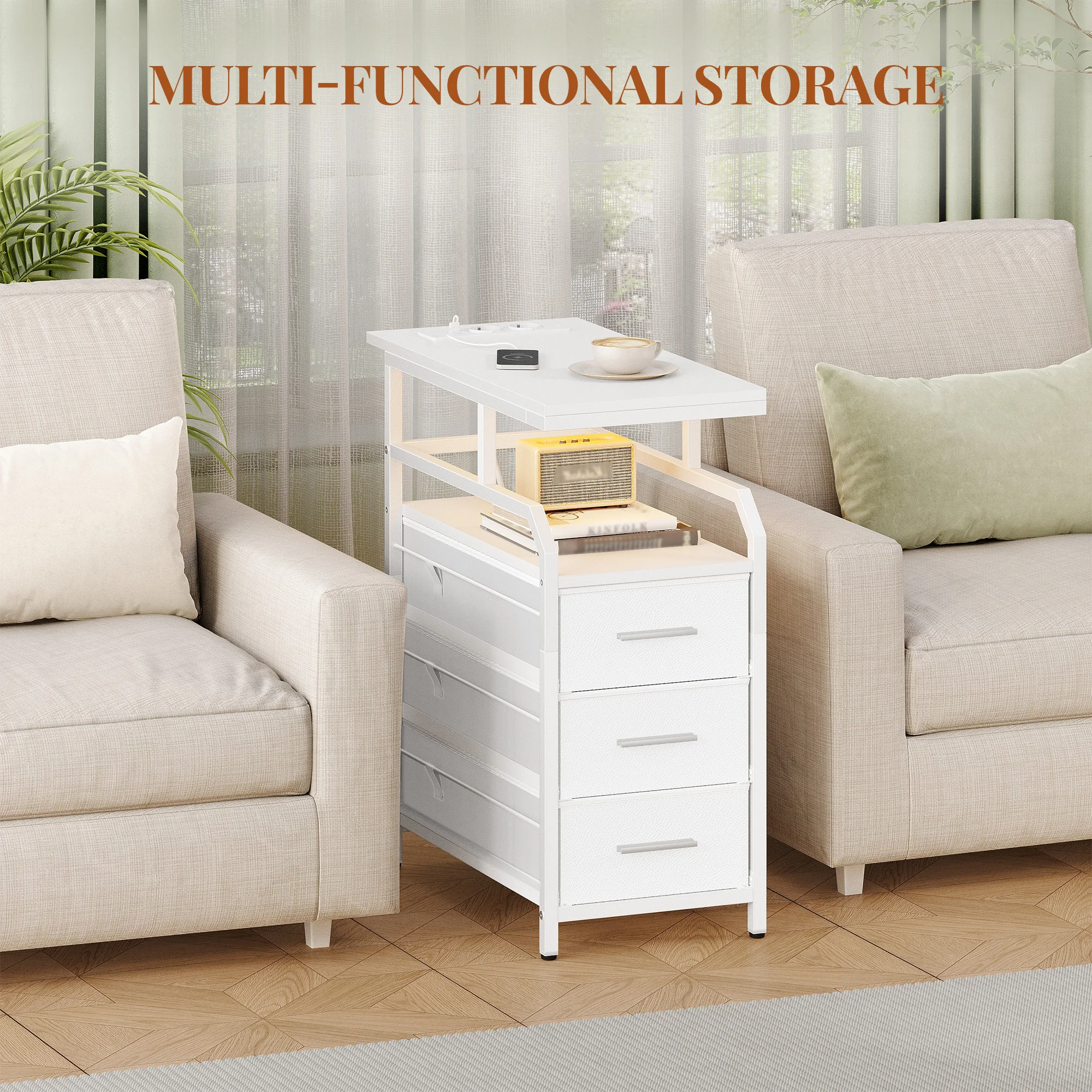 Table d'appoint, table de chevet, table de chevet étroite avec 3 tiroirs et 1 compartiment ouvert, table de canapé pour chambre à coucher, salon