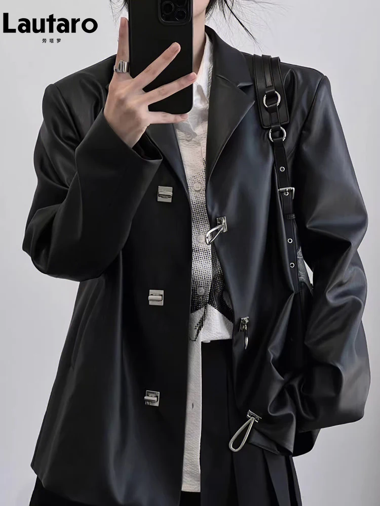 Lautaro Spring Autumn Cool Loose Black Soft Pu Leather Blazer Jacket Women Luxury Designer Dark Academia Clothes Streetwear 2023