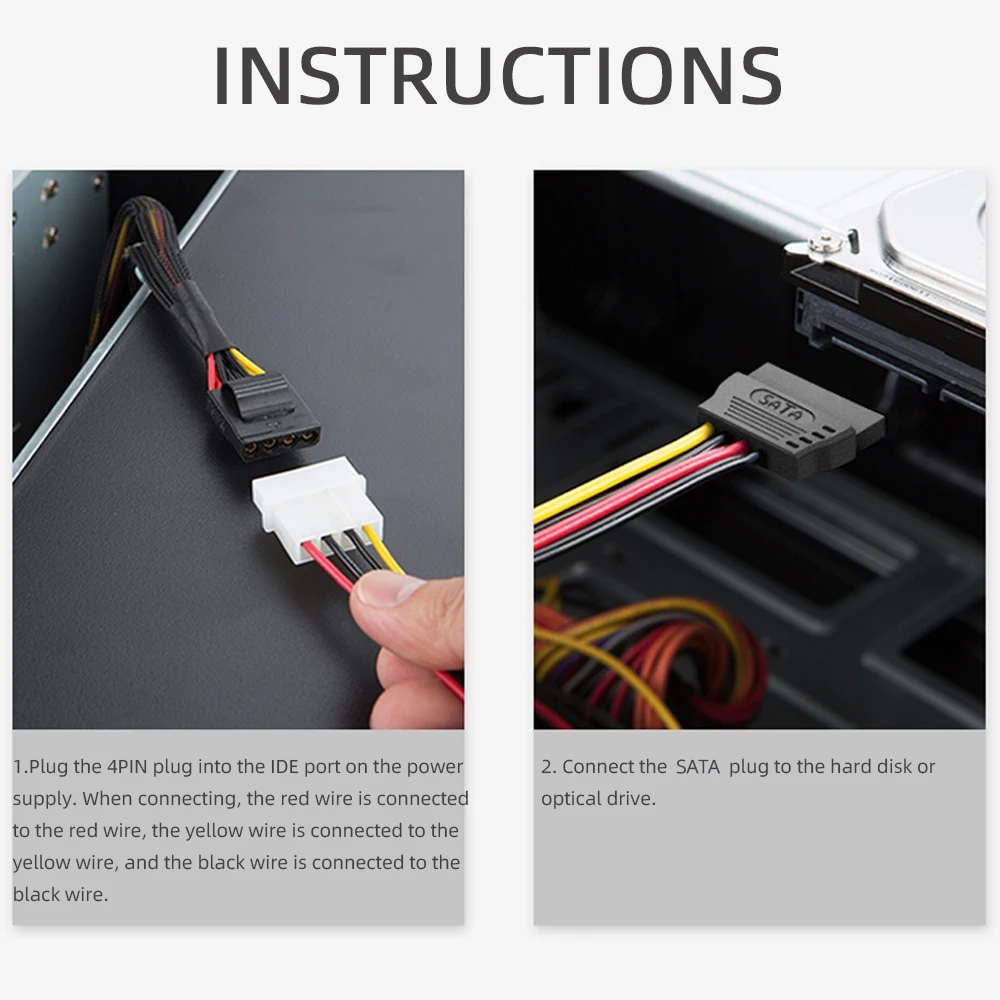 IDE Molex 4 Pin to SATA 2 Serial HDD Power Adapter Cable Hard Drive Connector Male to Female Molex SATA Extension Cord