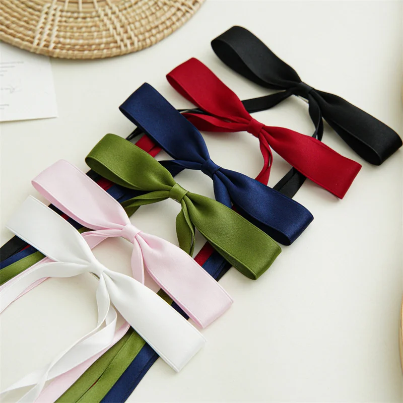 New Elegant Satin Long Tassel Ribbon Clips Women Vintage Simple Bow Hairpins Barrettes Korean Fashion Hair Accessories Gift