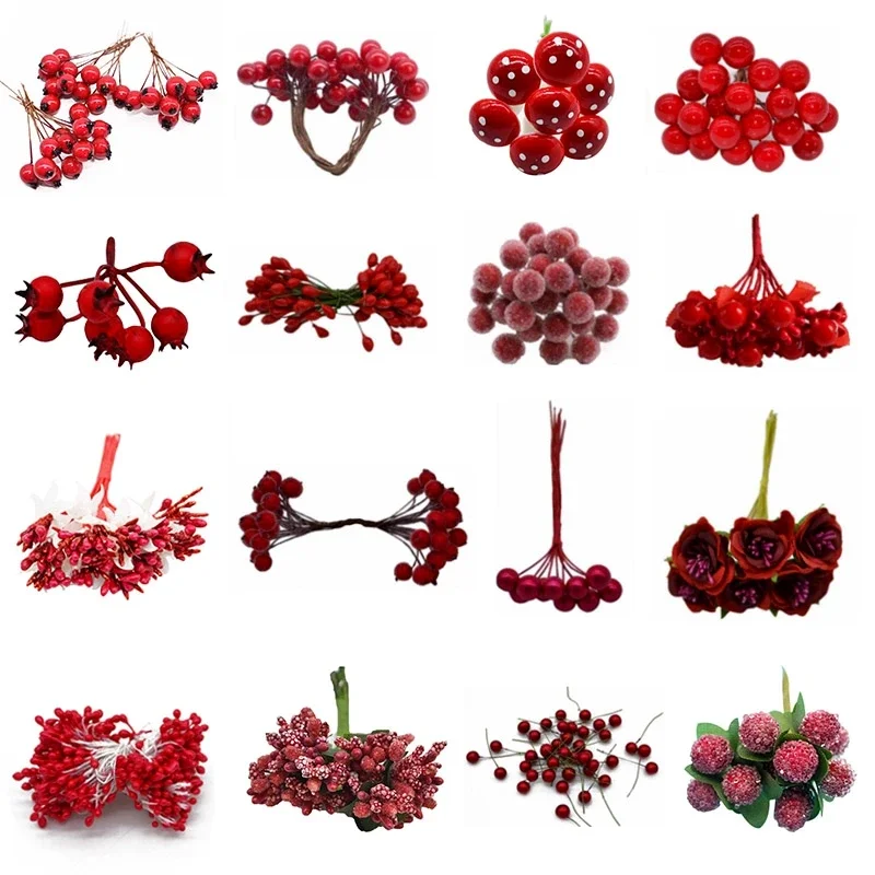 Red Theme Artificial Flower Cherry Stamen Berries Bundle DIY Christmas Decoration Wedding Cake Gift Box Wreaths Xmas Decor Leis