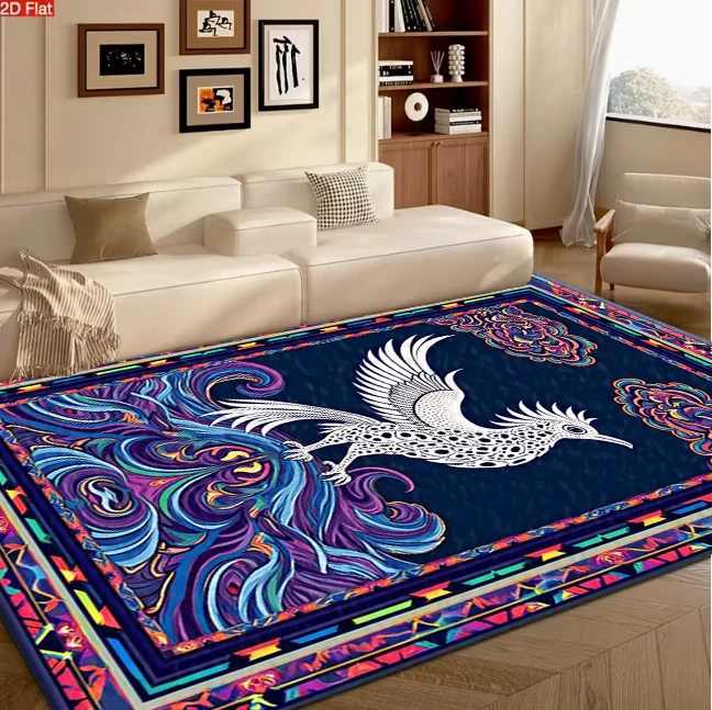 Boho White Mythical Bird Colorful Border Carpet Flooring, Ethnic Art Non-Slip Area Rug for Living Room Bedroom Home Decor