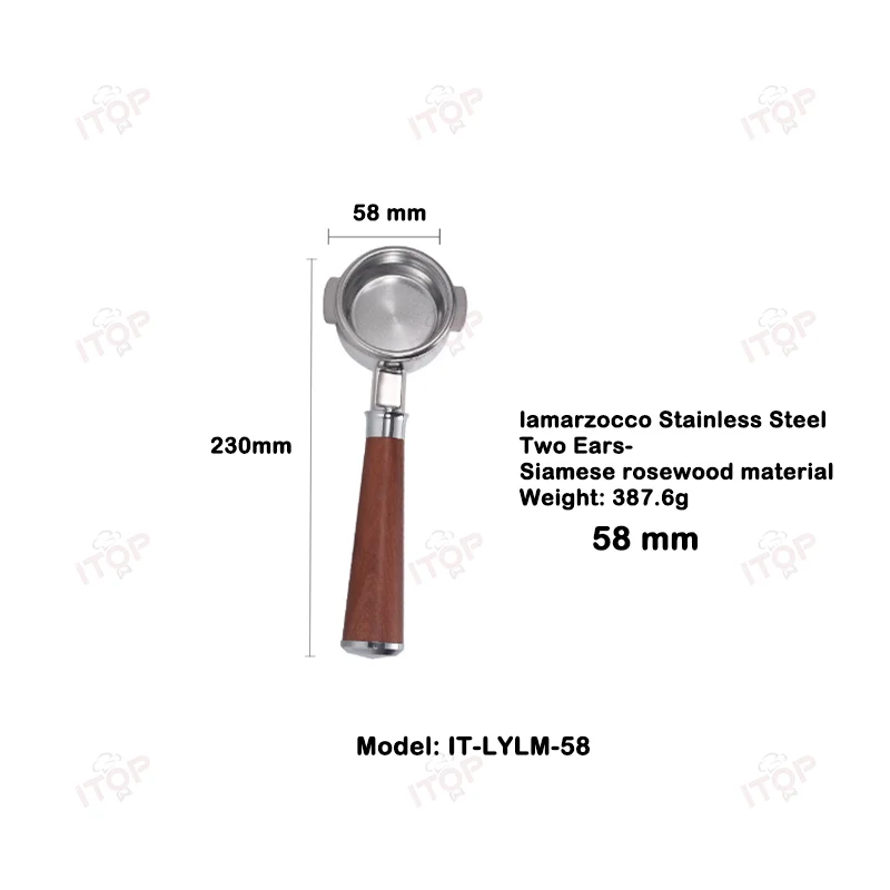 ITOP 포타필터 커피 핸들, 바텀리스 핸들, 휴대용 필터, 샴 로즈우드 소재, 스테인리스 스틸, 아연 합금, 51mm, 58mm