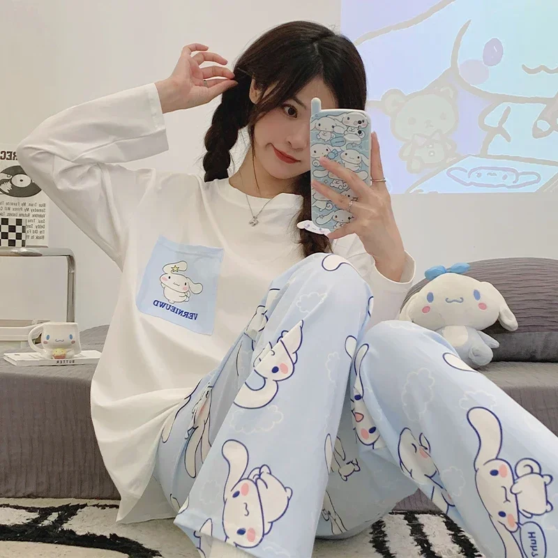 

Sanrio jade cinnamon dog silk pajamas autumn pure cotton long-sleeved trousers casual with chest pads loungewear pajamas set