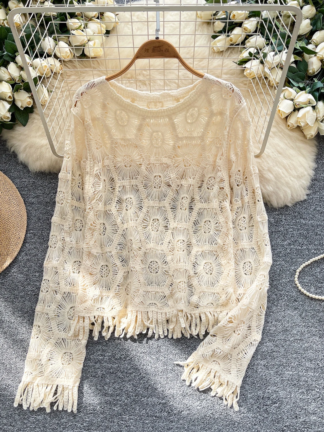 Sweet Sle Long Sve Knitted Cover up Women's Faion Thin Outerwear Tassel Trim V-Ne Loose Fit Autumn Seasonal Top