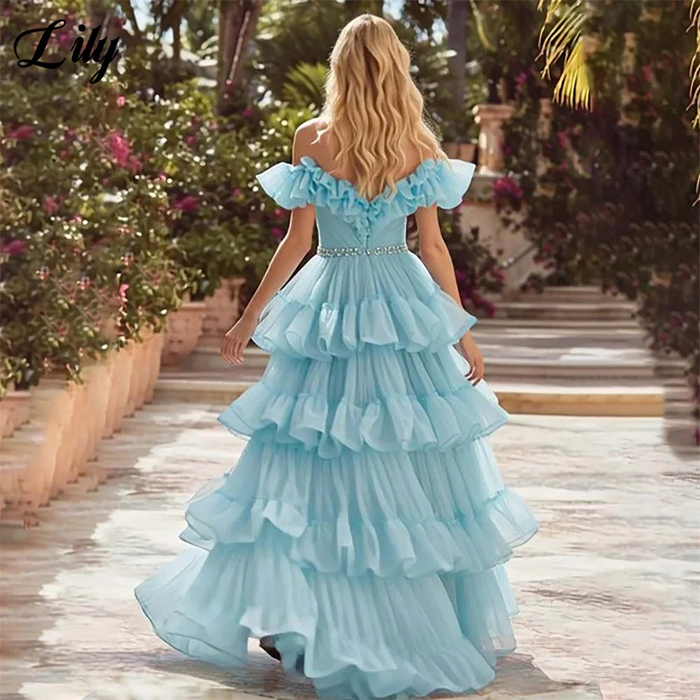 Lily Sky Blue Prom Dresses Off the Shoulder Evening Dress A Line Party Dress Multilayered vestidos de fiesta Crystal Customized
