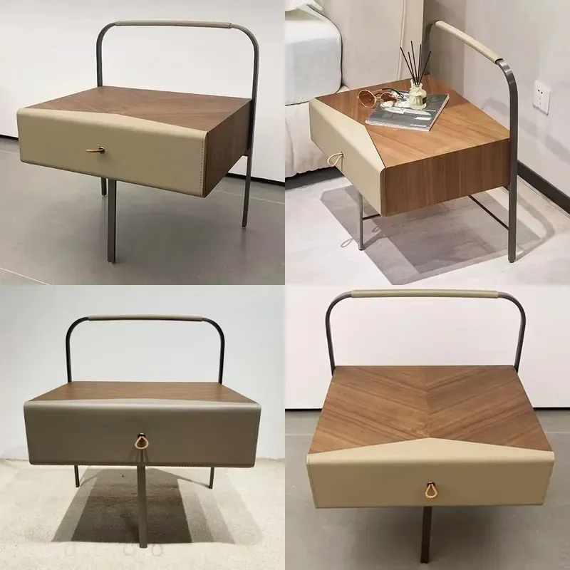 Light Luxury Walnut Veneer Bedside Table Designer Small Apartment Bedroom Storage Nightstand High End Modern Furniture