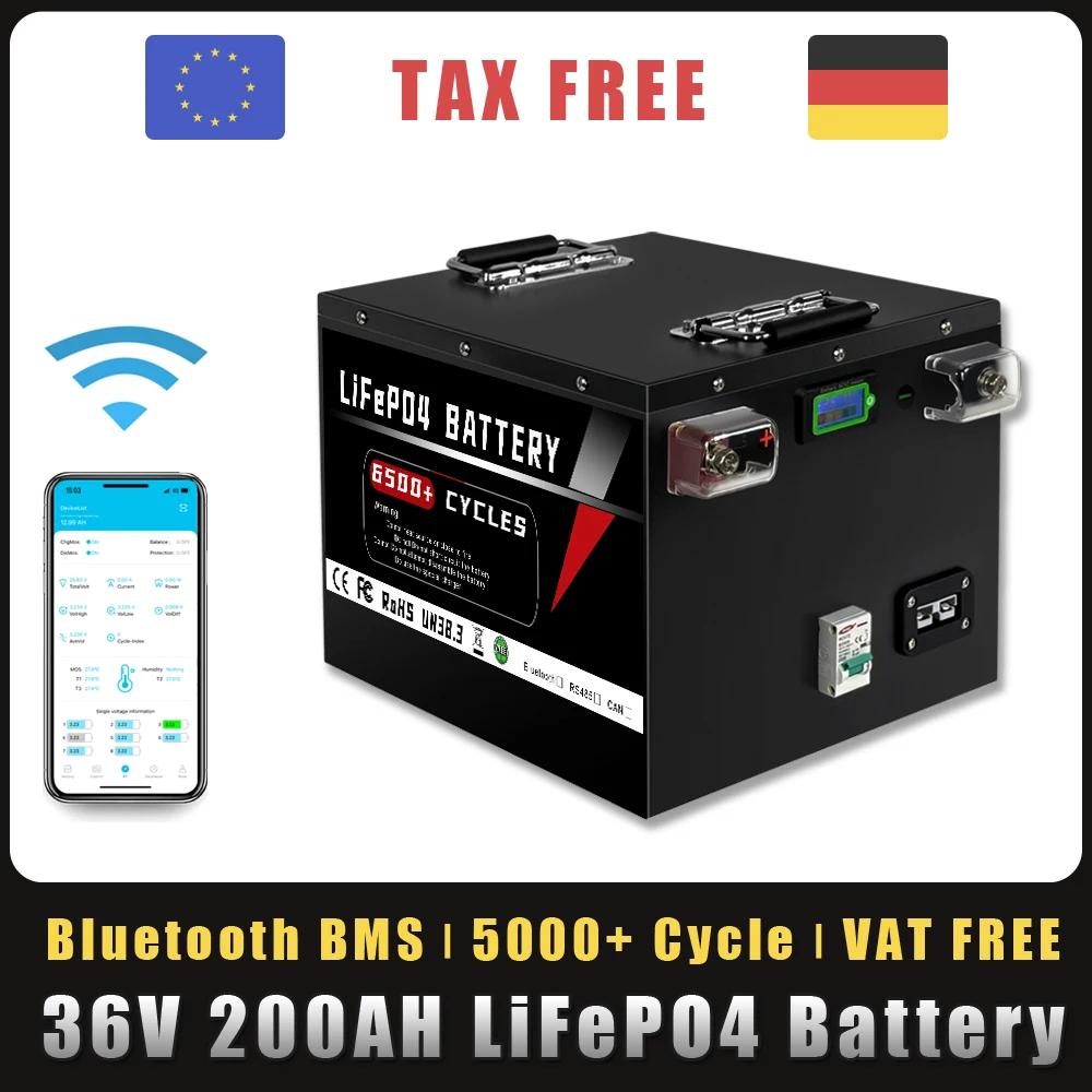 

36V 100Ah 200Ah LiFePO4 Battery Pack Built-in Bluetooth BMS For Solar Household Storage inverter RV Golf Cart No Tax