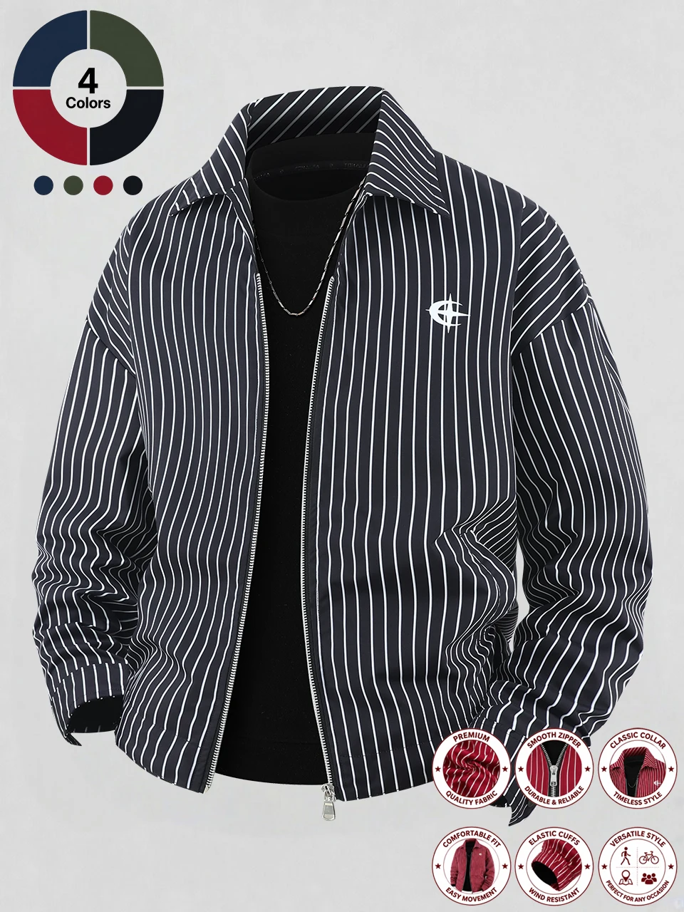 New Men Lapel Collar Striped Jacket, Zip Up Design, Elastic Cuffs, Windproof Fabric, Loose Drop Shoulder Fit, Multi-color Optional, Casual Daily Commute Top