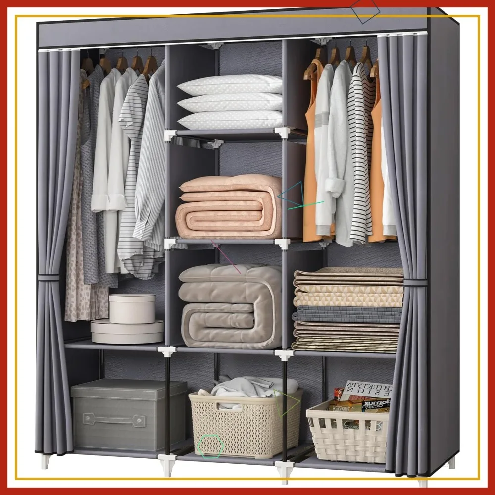 

51 Inch Portable Closet with 2 Hanging Rods and 8 Shelves, Durable Easy Assembly Grey Wardrobe for Bedroom