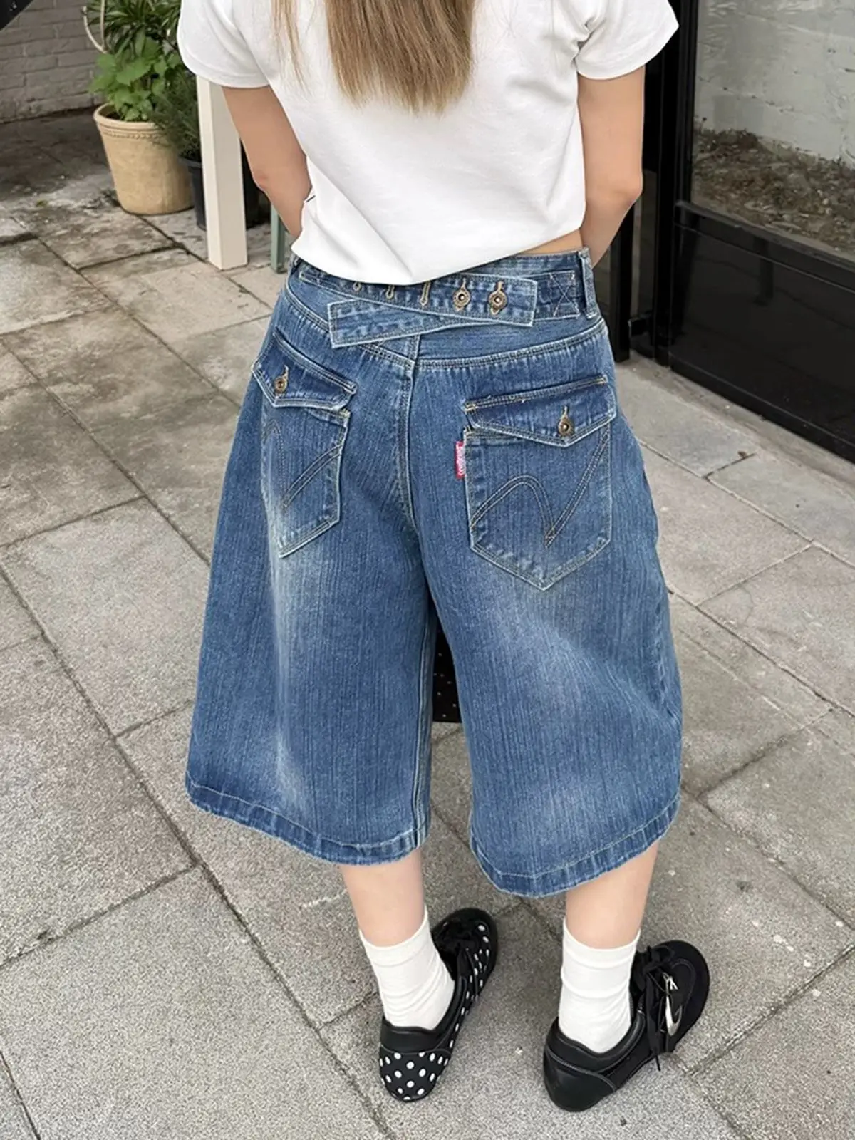 

Y2K Bamboo Knot Paris Button Washed Cropped Pants Vintage High Street Summer Jeans for Women