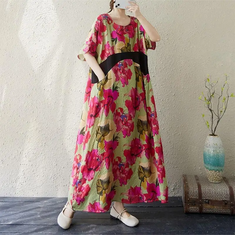 Sukienki midi maxi z krótkim rękawem, plus size, bawełniane, w stylu vintage, w kwiaty i kropki, z kieszeniami, damskie, codzienne, luźne, długie, letnie, szerokie, boho.