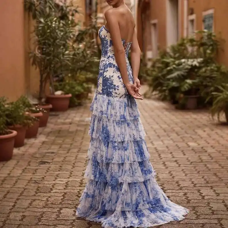 Mesh Patchwork Split Women's Long Elegant Backless Slim Fit Party Dresses Ladies Sexy Strapless Floral Print Evening Dress