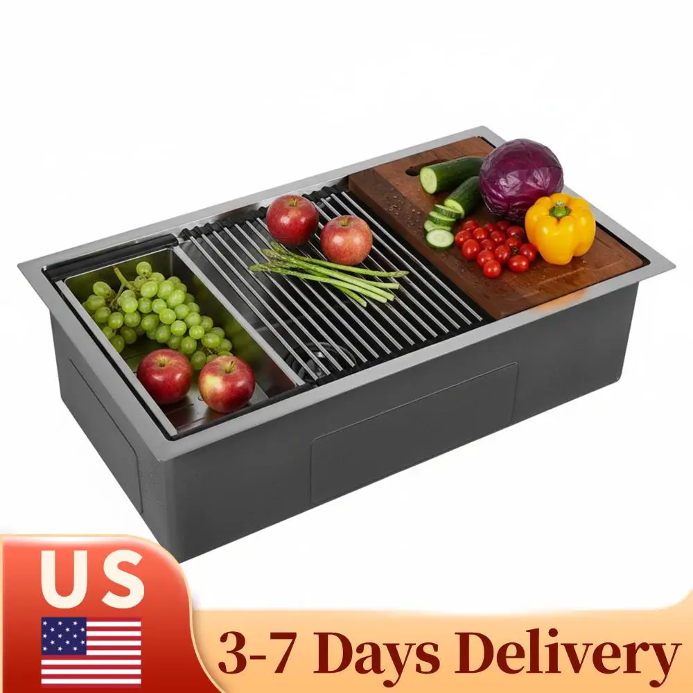 

Кухонная мойка из нержавеющей стали 16 калибра, 30/33 дюйма, с корзиной-фильтром и дренажной решеткой, встраиваемая под столешницу