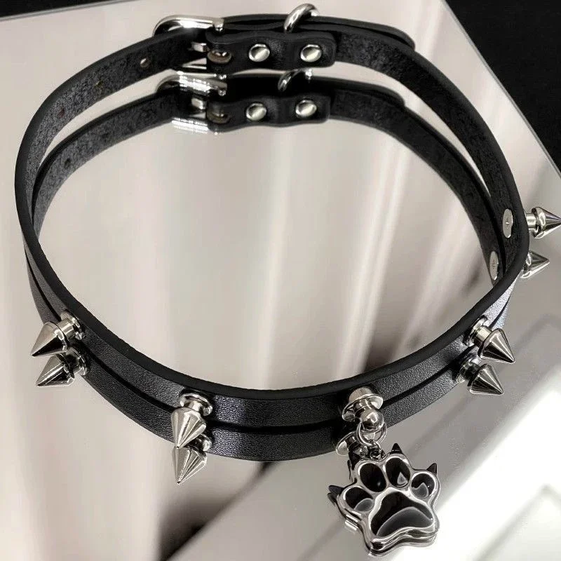 Gothic Black Leather Rivets Cat Claw Necklace for Women Dark Spicy Girls Chokers Trend Cool Gothic Fashion Jewelry Accessories