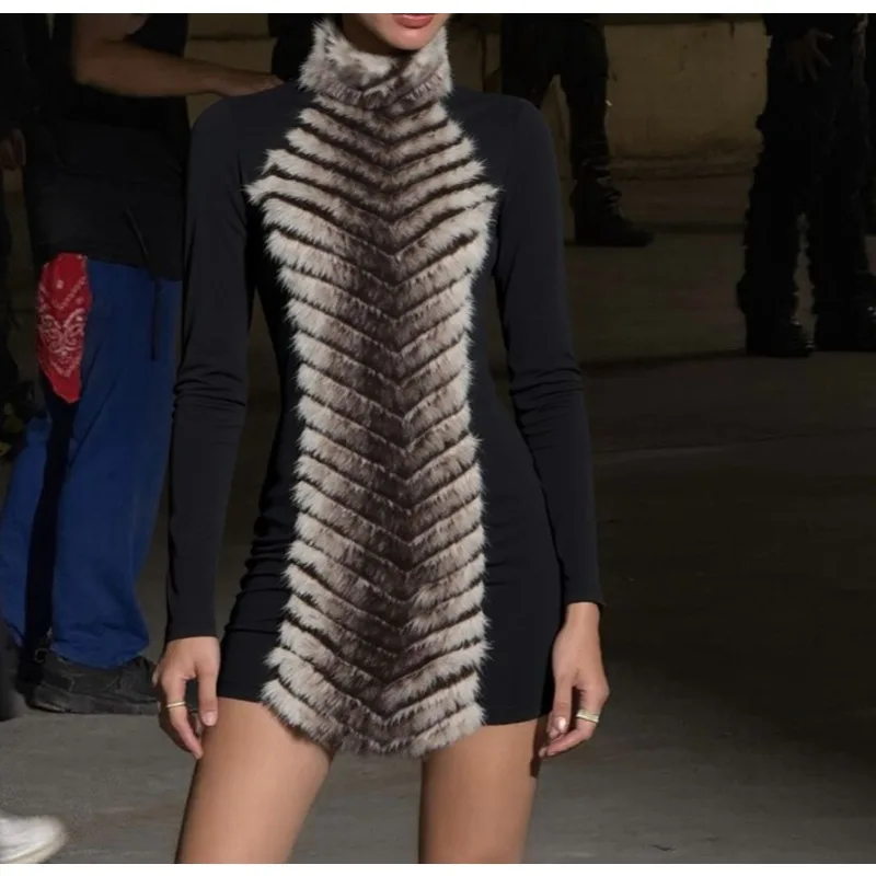 W الشتاء مثير المألوف غرامة التغيير التدريجي رقيق الربط الدافئة عالية الرقبة فستان نحيل المرأة