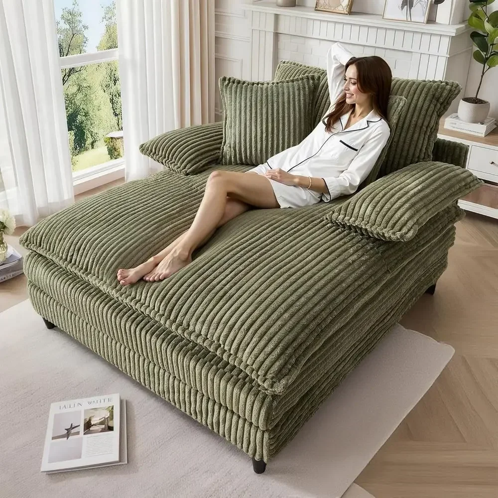 Oversized 55 Chaise Lounge Sofa with Adjustable Backrest, Corduroy Sleeper Chair, Deep Seat Reading Chair for Living Room or Bed