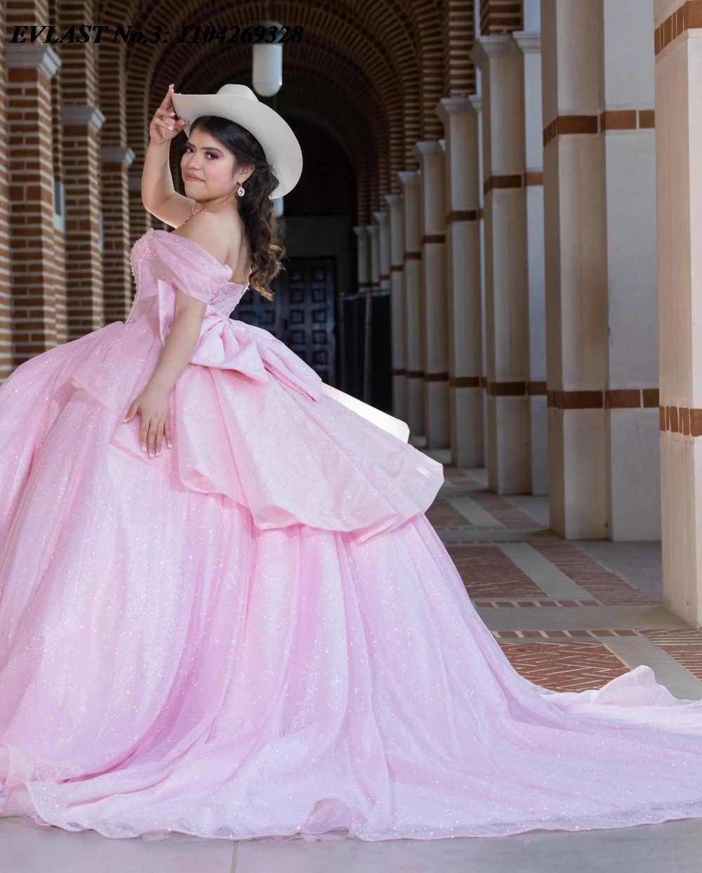 EVLAST Aangepaste Glanzende Roze Quinceanera Jurk Baljurk Applique Kralen Crystal Tiered Bow Sweet 16 Vestido De 15 Anos E3Q312