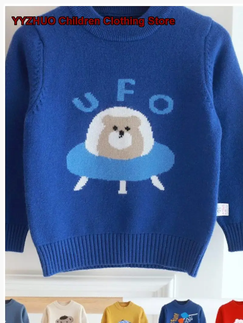 Boys Kids Pullover Cartoon Print Knit Long Sleeved Top Soft Warm Base Layer Top Autumn Winter