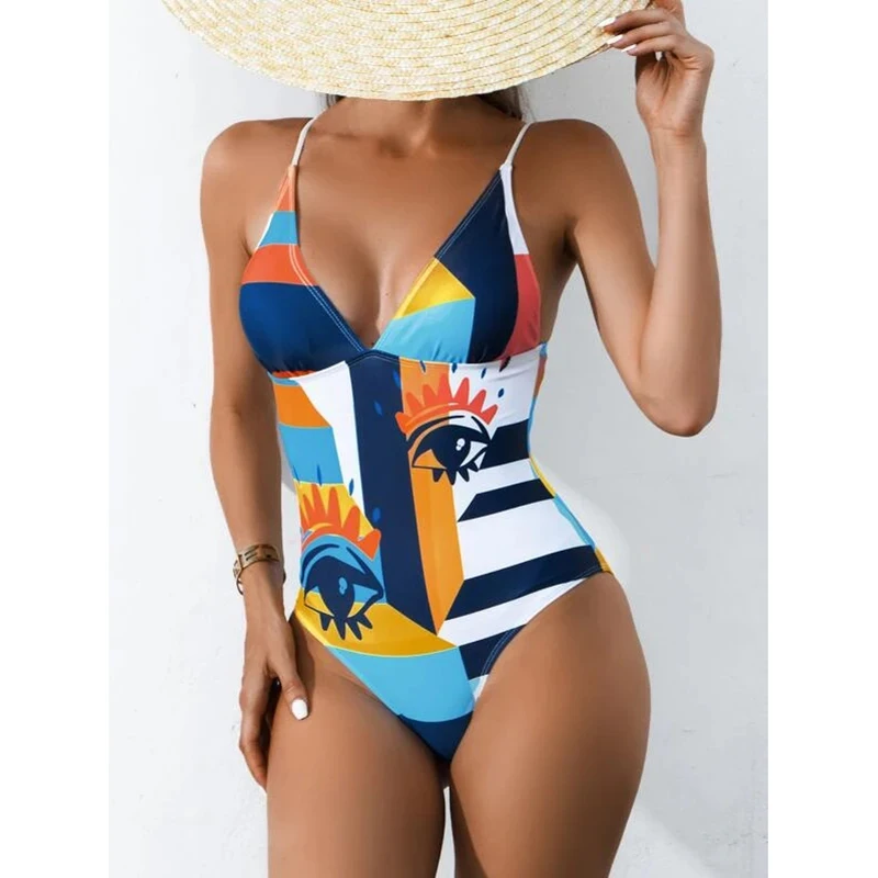 2024 Devil Blue Eyed Camisole Bikini Swimwear Print Women's Bodysuit Bathing Suit Sporty Monokini Beachwear