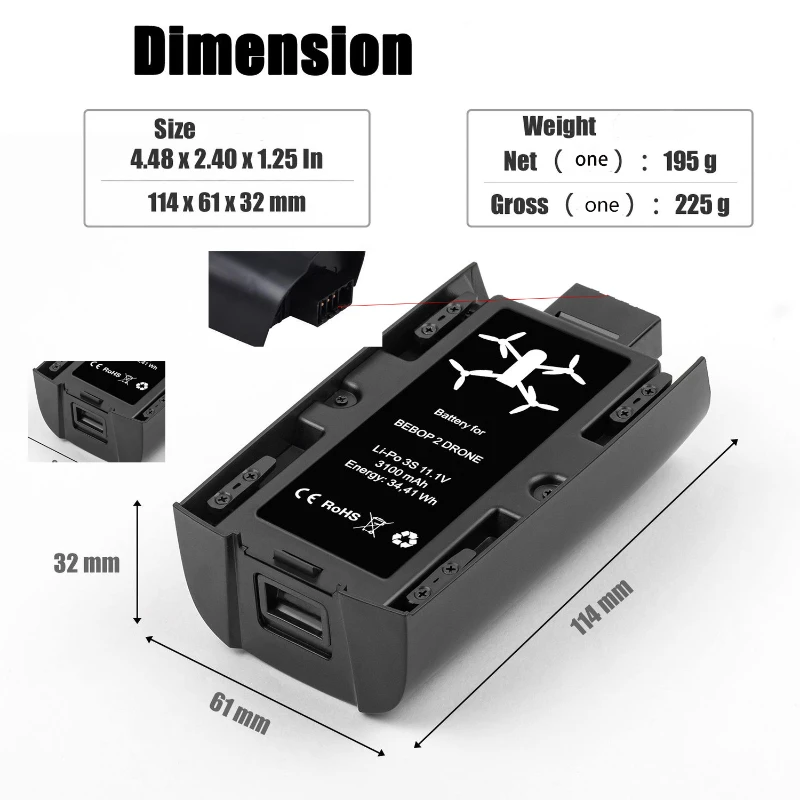 Akumulator do papugi Bebop 2 11.1V 4000MAh o wysokiej wydajności, o niskim poziomie drenażu, przeciwwybuchowy, wysokiej wysokiej jakości bateria