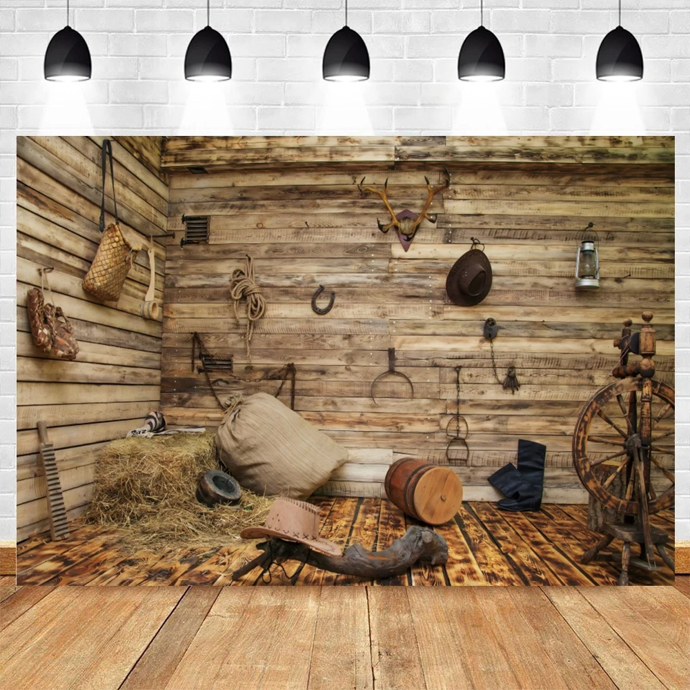 Western Cowboy Barn Farm Horse Photography Backdrop Haystack Wood House Door Birthday Party Decor Background Photo Studio Props