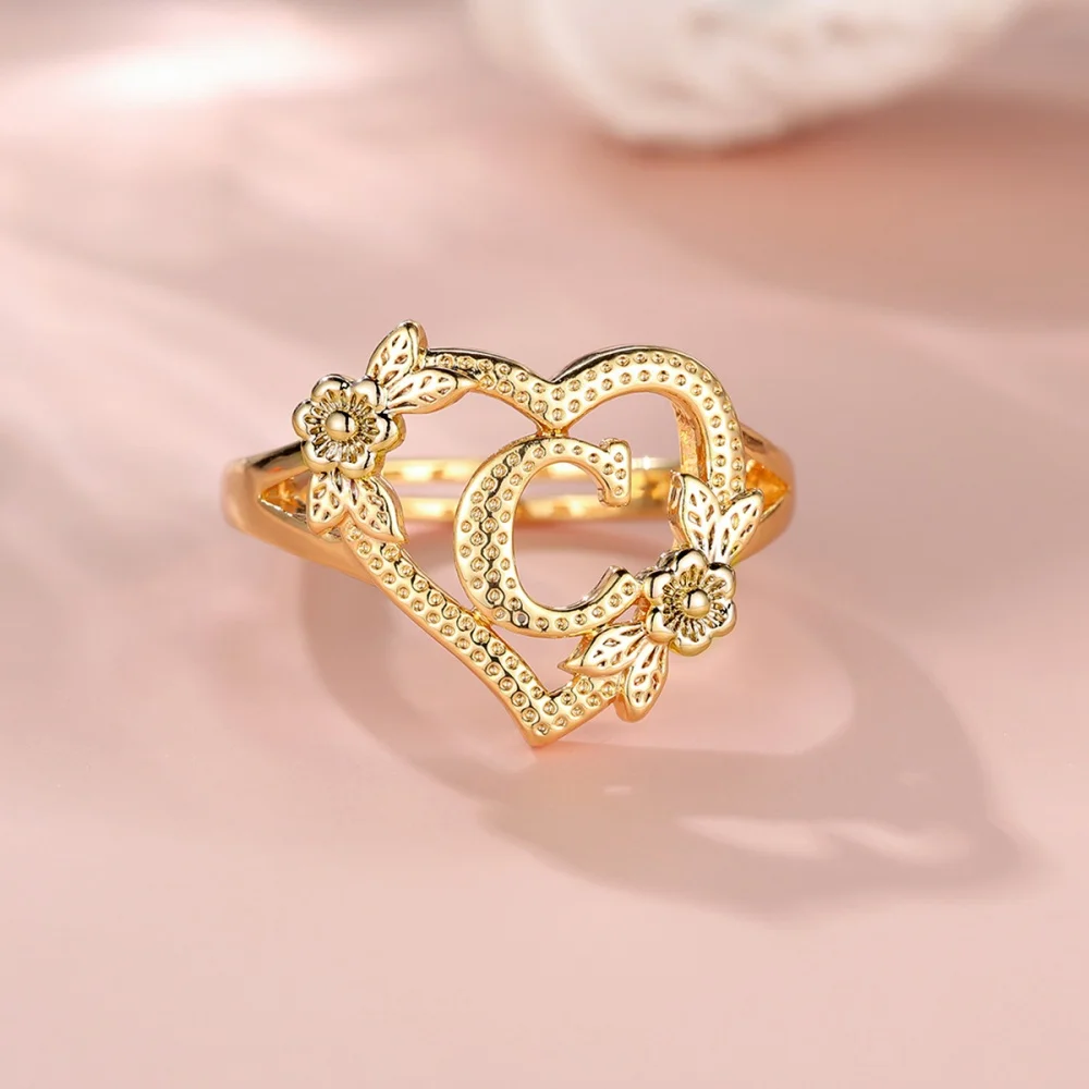 RoRo New Creative Design Rose Two-Tone 26 Letters Sweet Opening Adjustable Ring For Girls' Girlfriend Gift