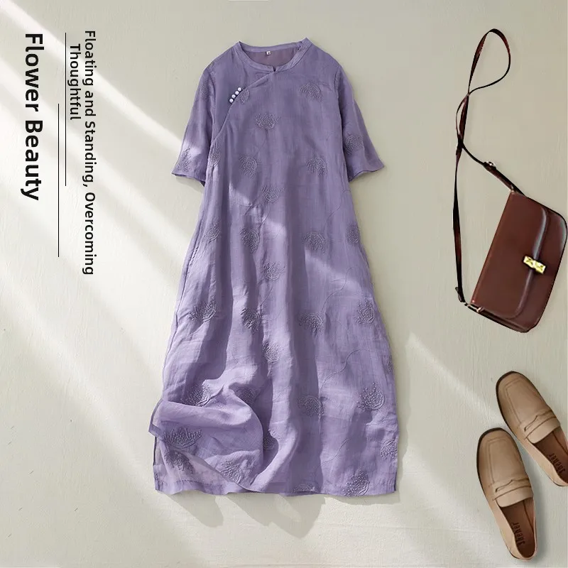Ele Algodão Linho Dr Bordado Roxo Feminino Midi Dr Clássico Chinês Sle Rejuvenescedor Design Artístico