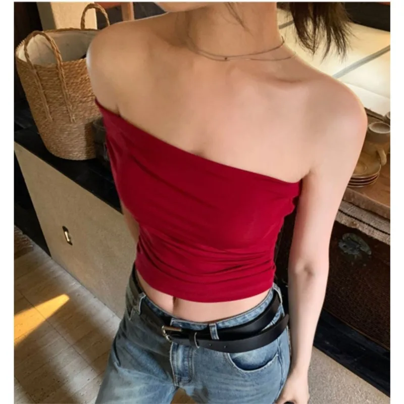 Sexy Strapless Mini Halter T Shirt For Women Red Design Short Top