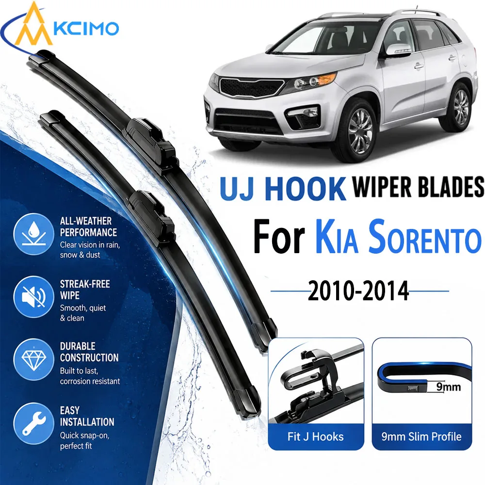 Durable Natural Rubber U‑Hook Frameless Wiper Blades 24"+20" For Kia Sorento MK2 2010-2014 Smooth No‑Streak Windshield