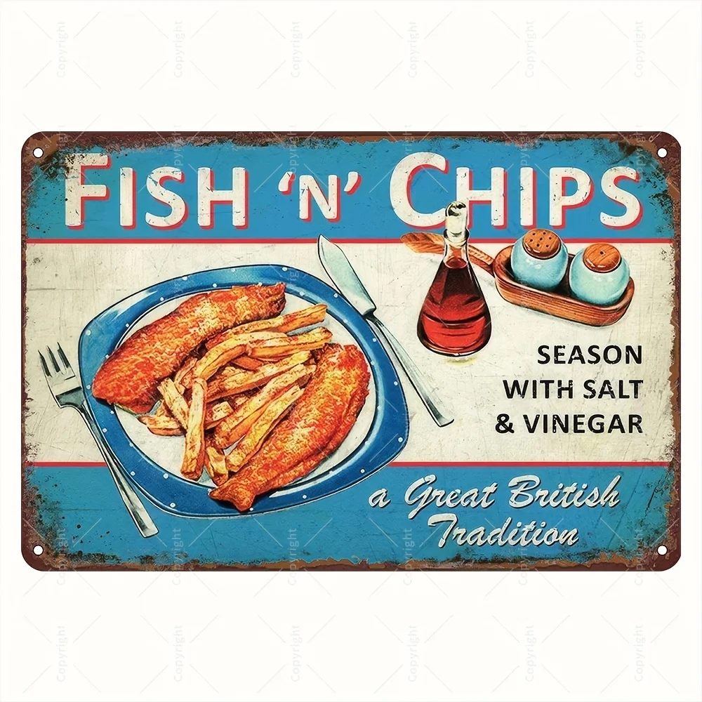 [Retro Fish 'n' Chips Metal Sign] Vintage Sign - Retro Kitchen,Restaurant Wall Art with Salt,Vinegar Plate 