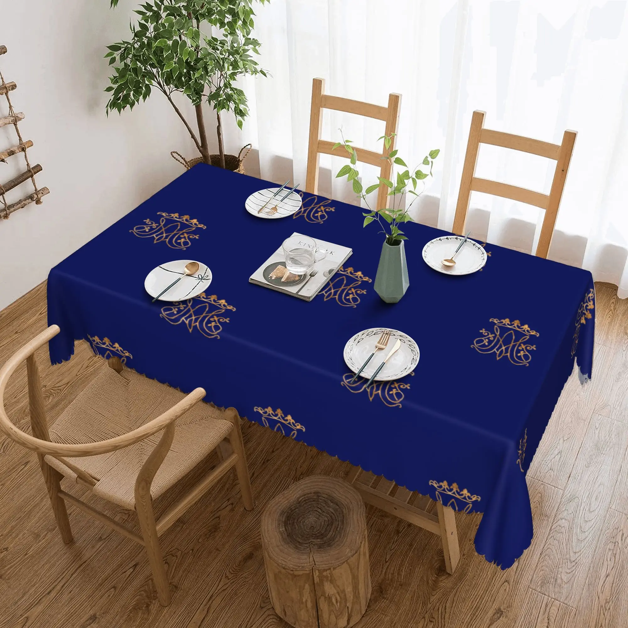 Nappe de table rectangulaire imperméable Ave Maria Monogramme, nappe catholique Jésus pour pique-nique