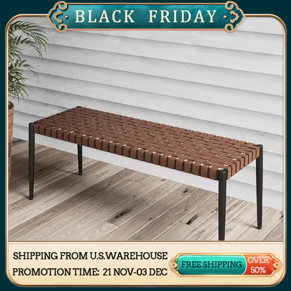 Grand patio Bench, 2-Seat Leather-Look Wicker Bench with Tapered Legs, Outdoor Bench for Small Front Porch Entryway