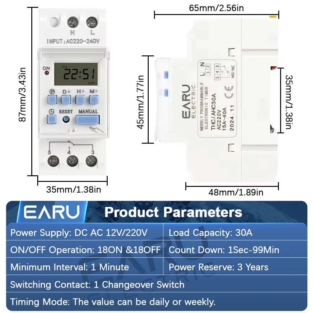 EARU DC AC 220V 12V THC15A 30A Electronic Weekly 7 Days Programmable LCD Digital Timer Switch Relay Control Din Rail 1NO1NC 1NO