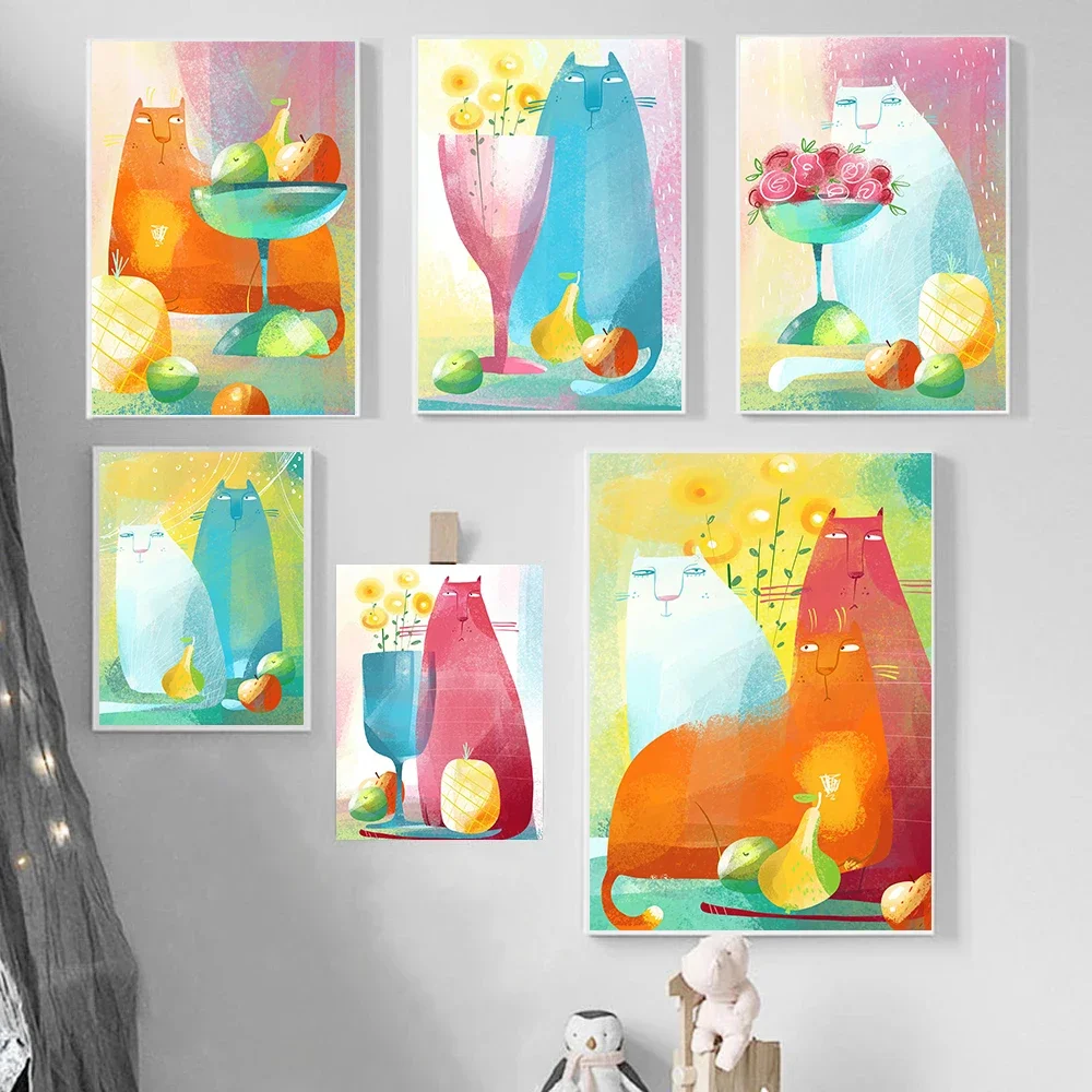 1pc frameless Canvas painting Abstract Orange Cat with Fruit Bowl Posters Whimsical Fruits Cat Vintage Prints Canvas Painting Wa