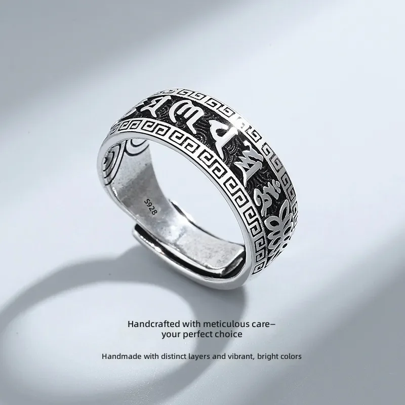 Six Character Mantra Men Ring Trendy Domineering Wide Face Open Ring Retro Old Anti Thai Silver Tibetan Motto Jewelry